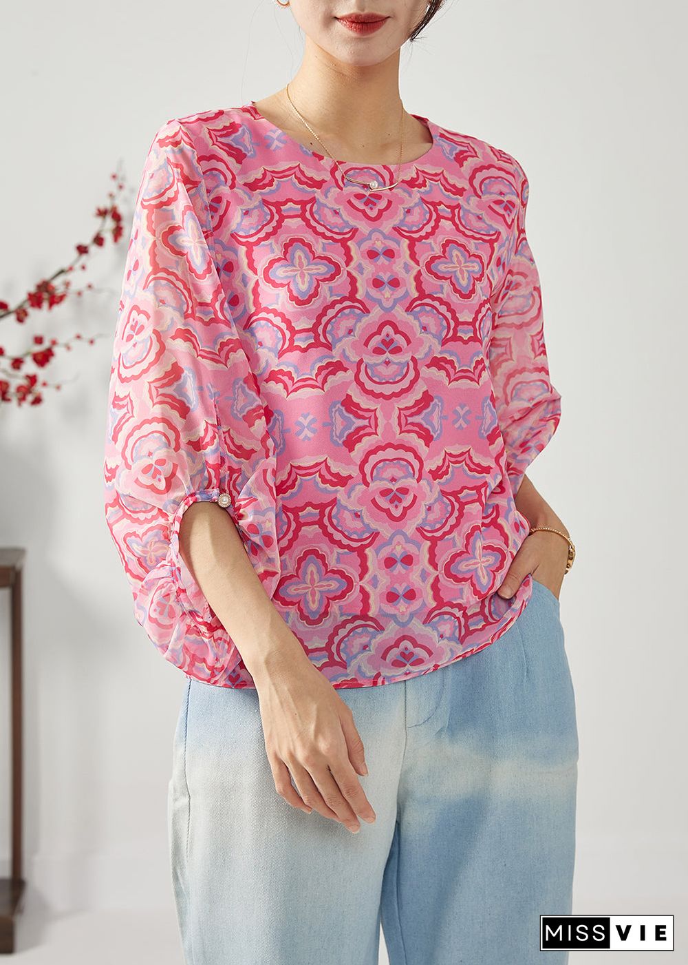 Fashion Rose Oversized Print Chiffon Shirt Top Bracelet Sleeve