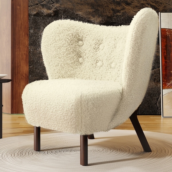 Modern Accent Chair with Lambskin Sherpa Wingback Tufted Side， Solid Wood Legs