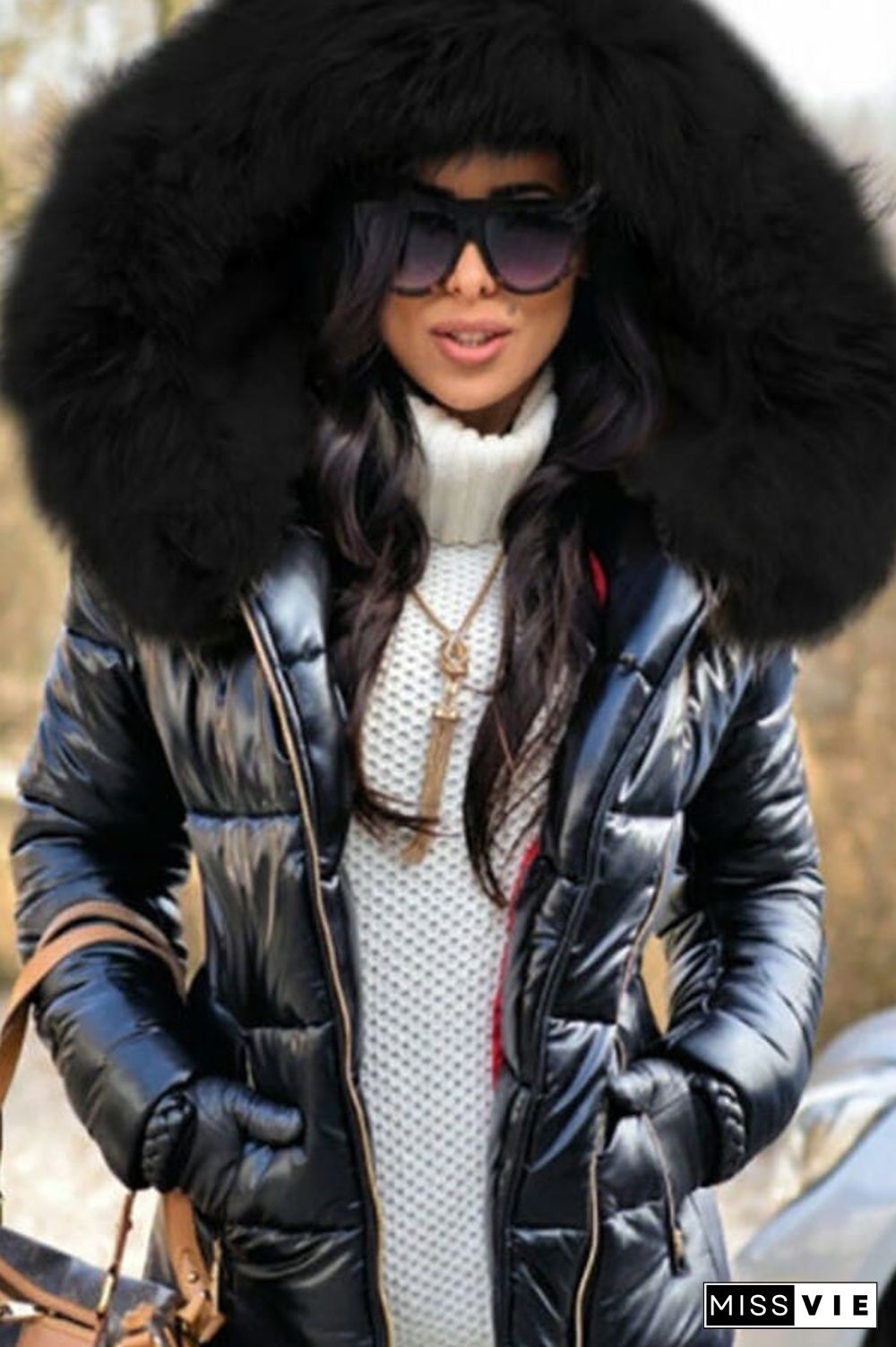 Fashion Solid Color Thick Fur Collar Down Jacket