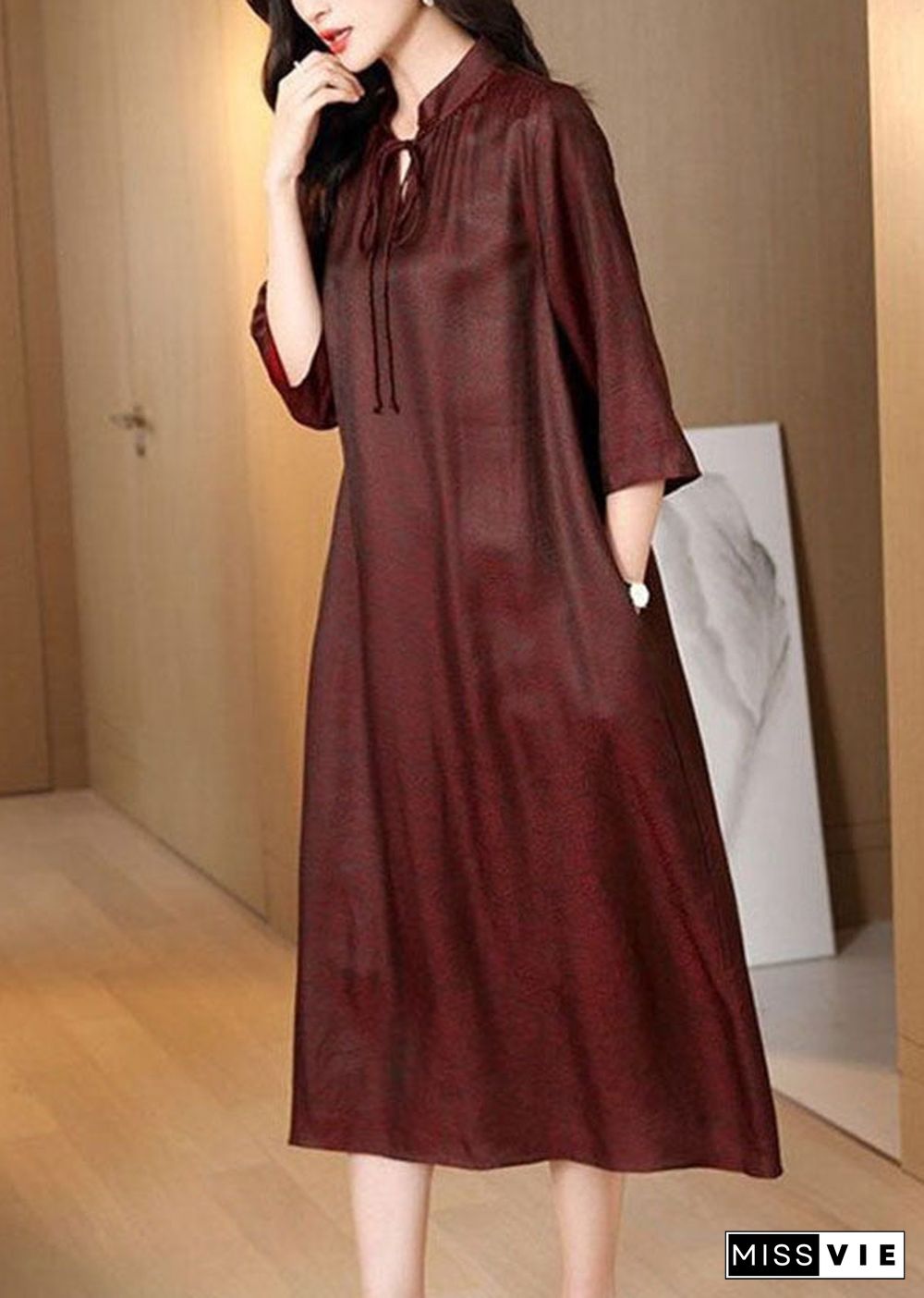 Unique Dark Red Stand Collar Lace Up Pockets Silk Long Dress Bracelet Sleeve