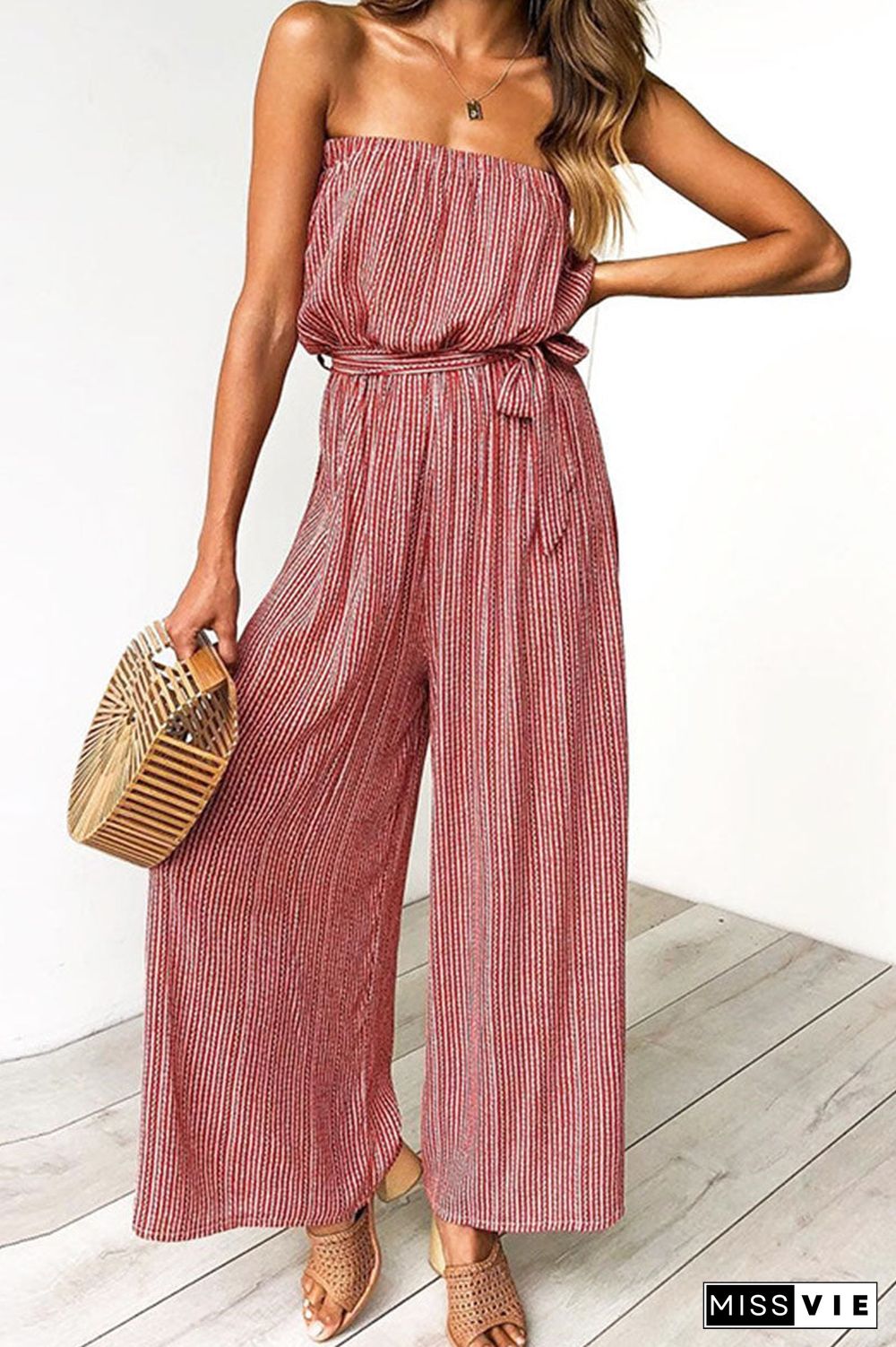 Fashion Street Striped With Belt Strapless Loose Jumpsuits