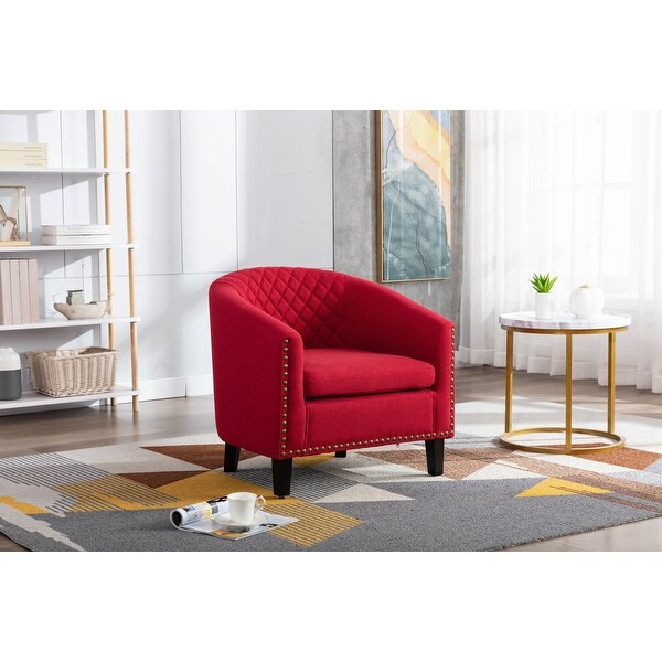 Modern Accent Barrel Chair with Nailheads， Wood Legs and Chrome Nailhead Trim， Living Room Chair with Curved Edges， Red