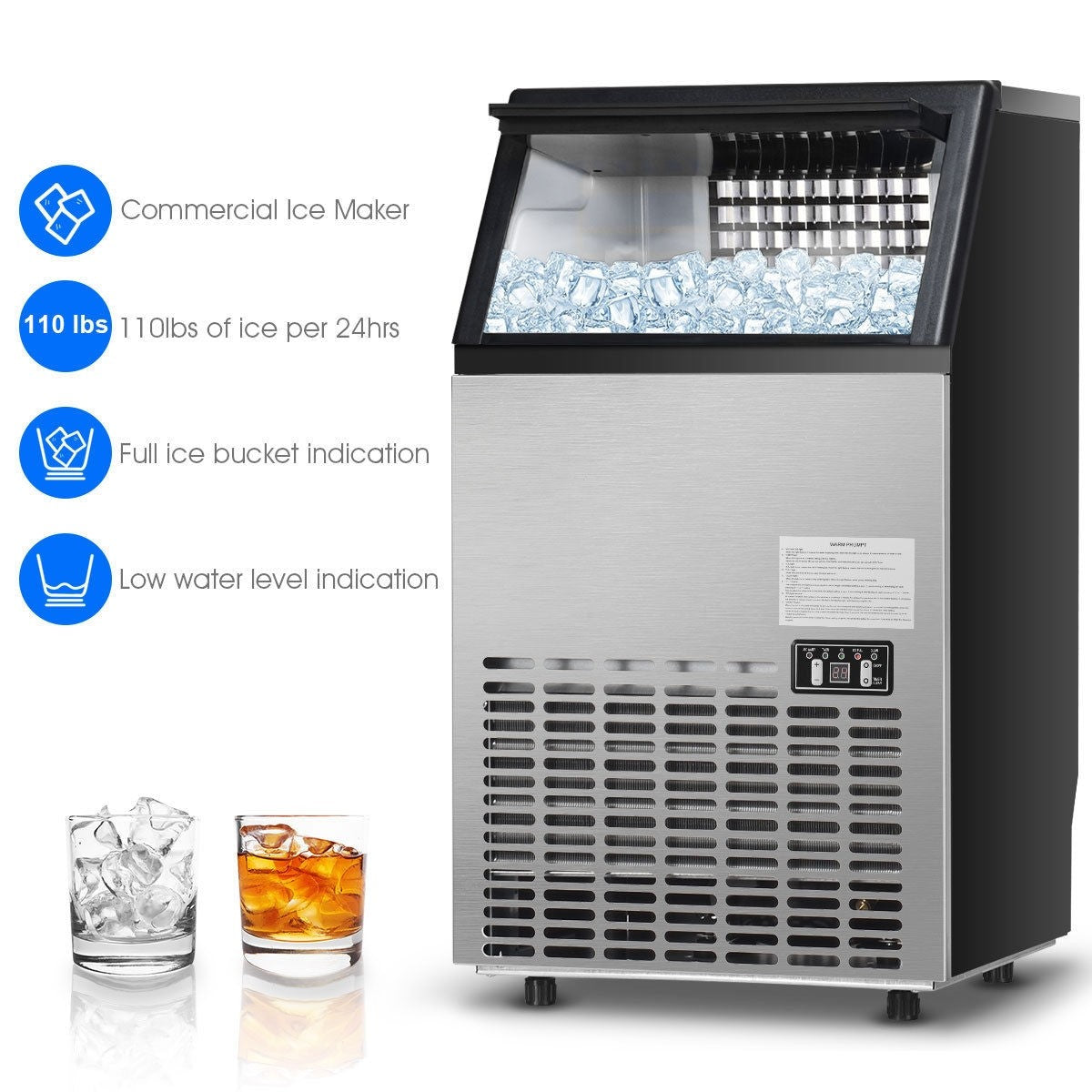 Costzon Commercial Ice Maker, Built-In Stainless Steel Ice Maker, 110LBS/24H, 33LBS Storage Capacity (Silver)