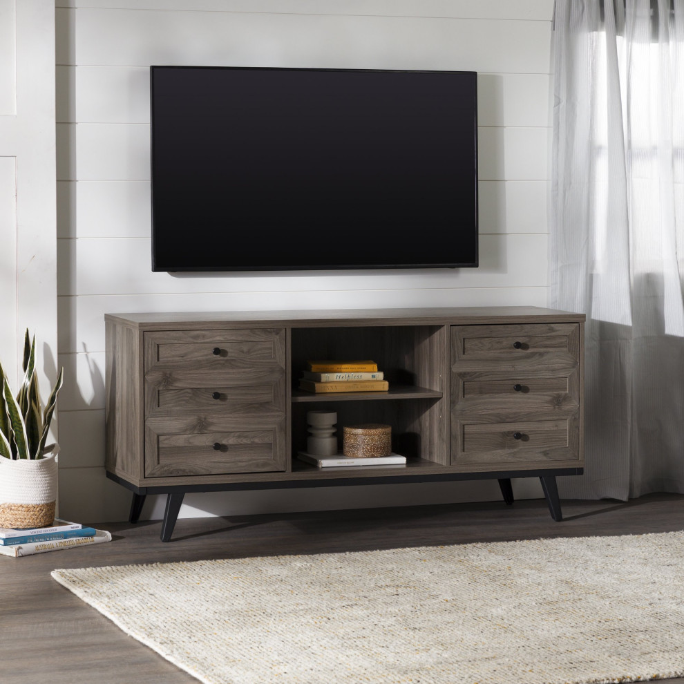 Modern Industrial TV Stand  Open Shelf  Doors With Faux Drawer Look  Slate Gray   Midcentury   Entertainment Centers And Tv Stands   by Declusia  Houzz