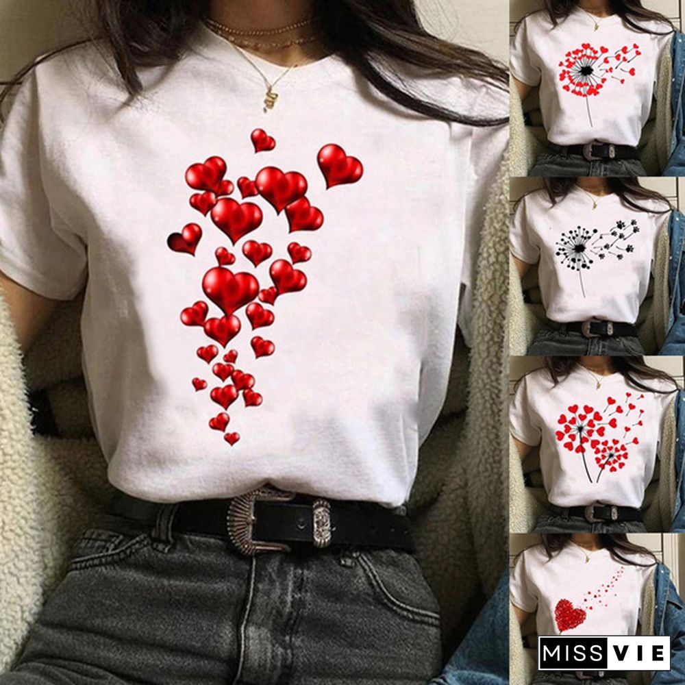 Women Clothes Lady Tees Graphic Printing Love Heart Sweet Valentine Cute Fashion Tops Female T Shirt Womens T-Shirt