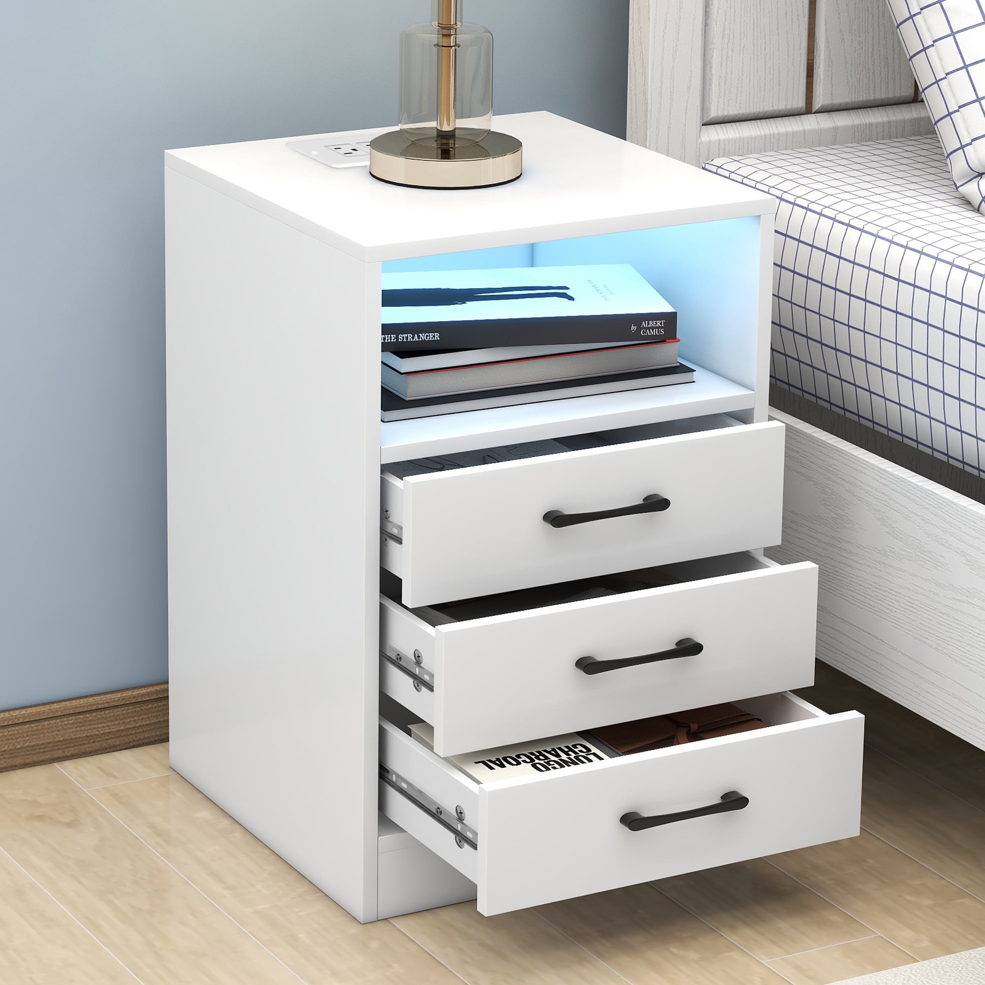 Docooler Nightstand with 3 Drawers and Cabinet,USB Charging Ports, Wireless Charging and Remote Control LED Light-White