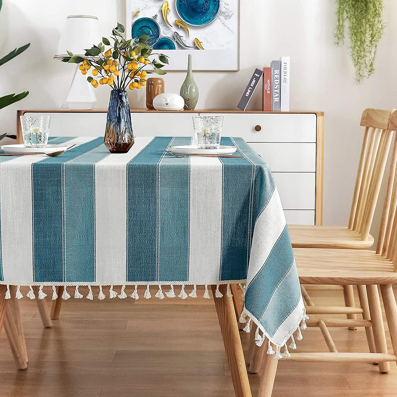 Striped Tassel Tablecloth Stitching Rectangle Table Cloth Cotton Linen Fabric Table Cover For Kitchen Dinning Tabletop 54 X 102 Inch Teal