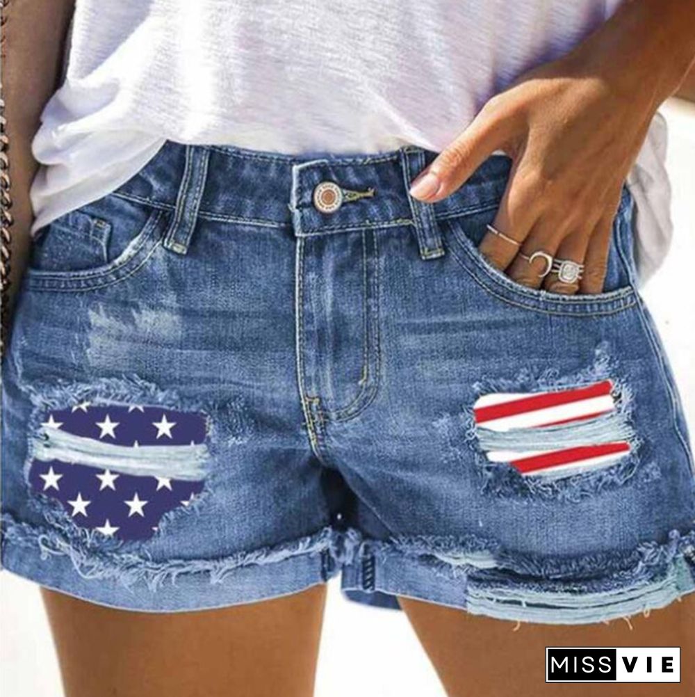 High Quality Women's Sommer Casual Slim Denim Shorts American Flag Printed Denim Shorts Pants Jeans