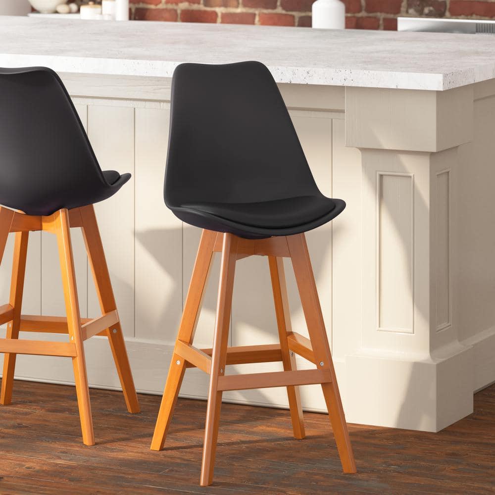 TAYLOR + LOGAN 27 in. Black/Natural Mid Wood Bar Stool with Leather/Faux Leather Seat CO-504844-TAYLH