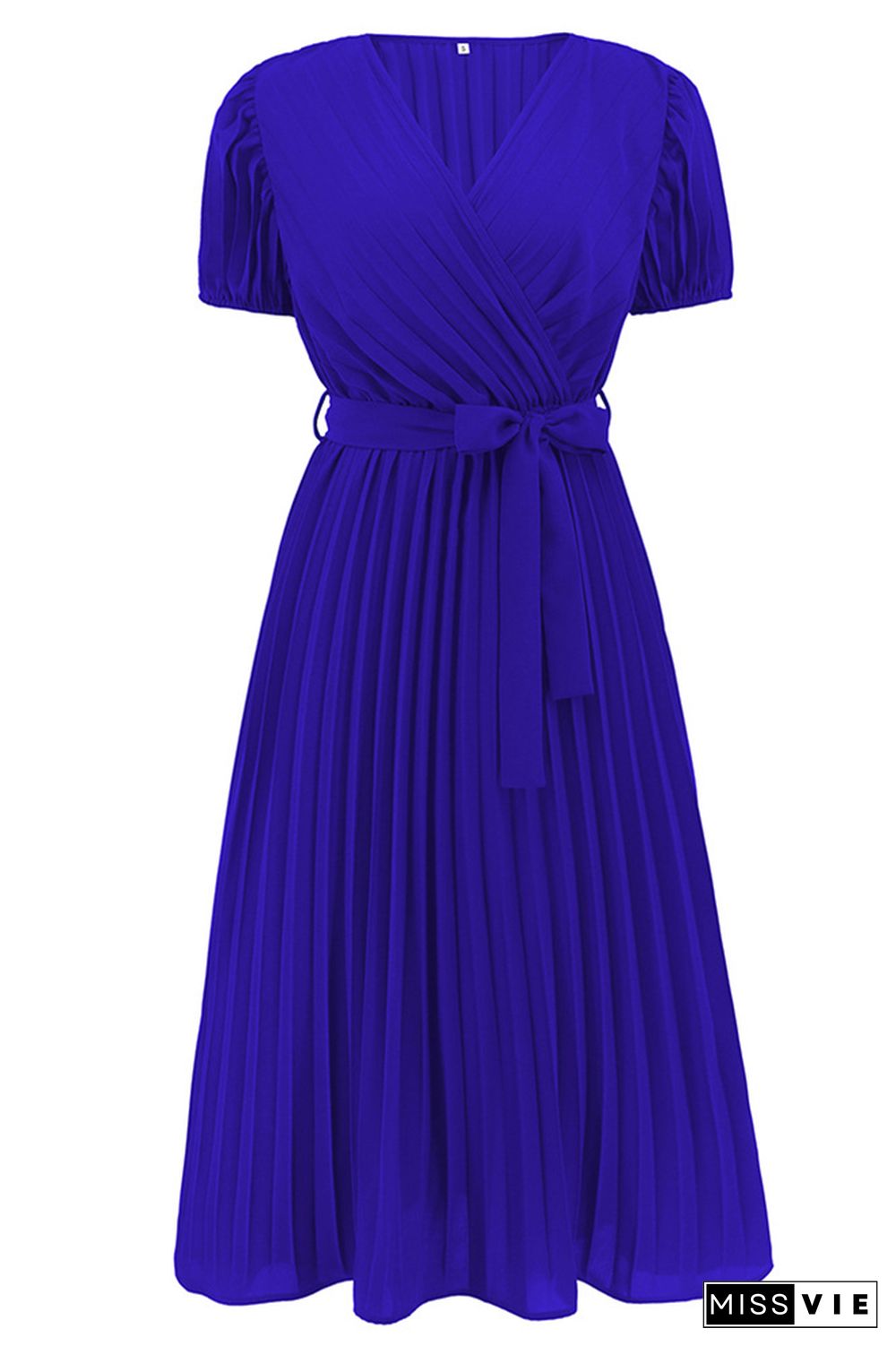 Plain Wrap V Neck Pleated Midi Dress With Sash