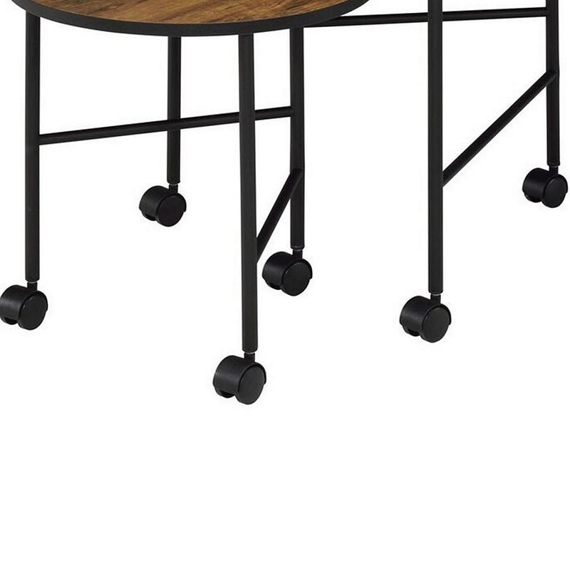 2 Piece Round Nesting End Table with Casters， Oak Brown and Black