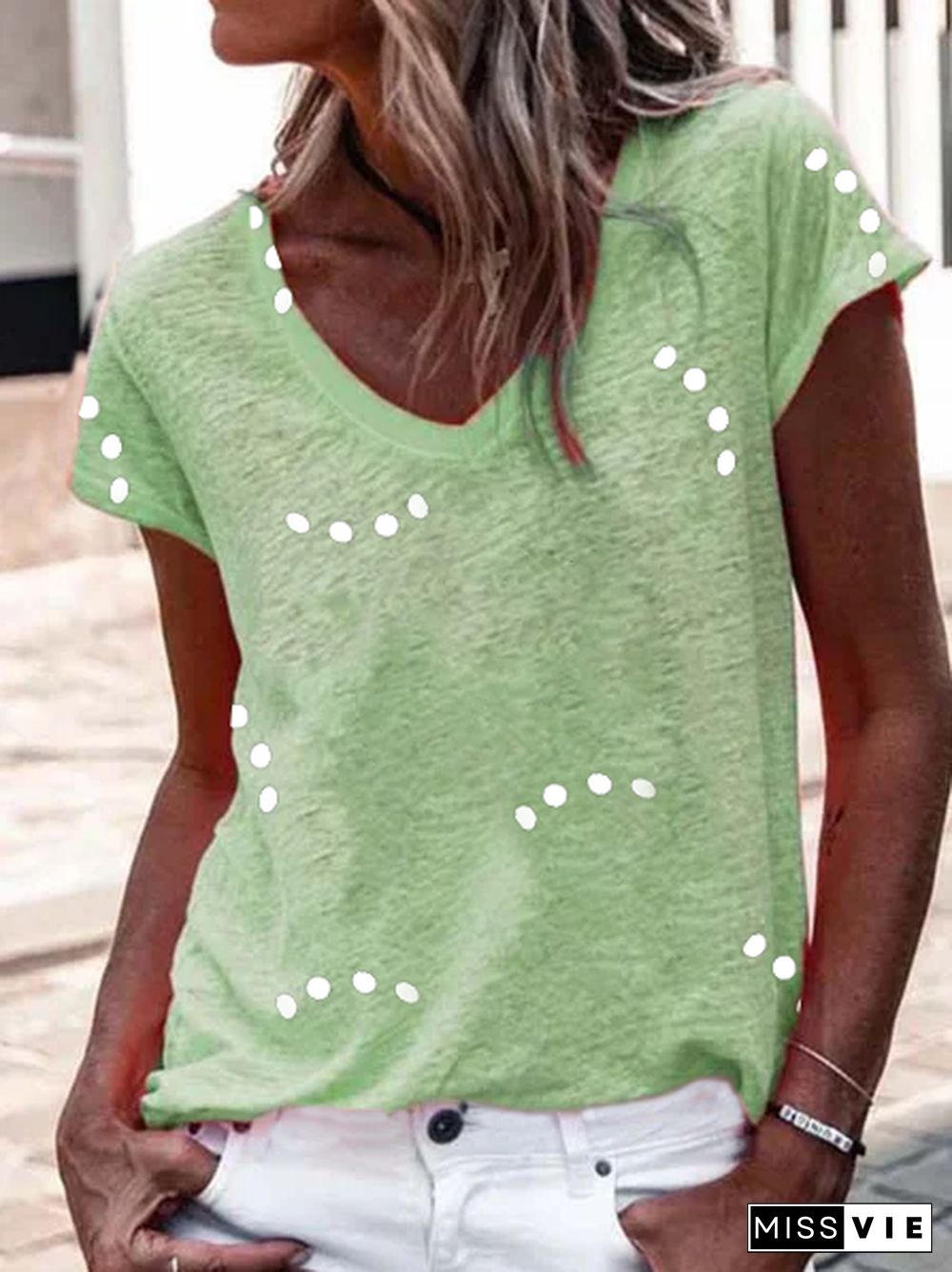 Polka Dots V Neck Jersey T-Shirt