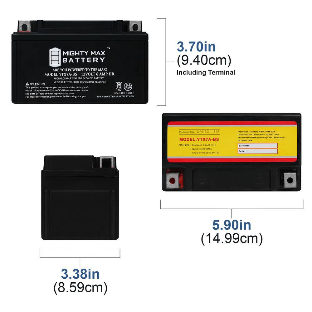 MIGHTY MAX BATTERY 12-Volt 6 Ah 105 CCA Sealed Lead Acid (SLA) AGM Powersport Battery YTX7A-BS31