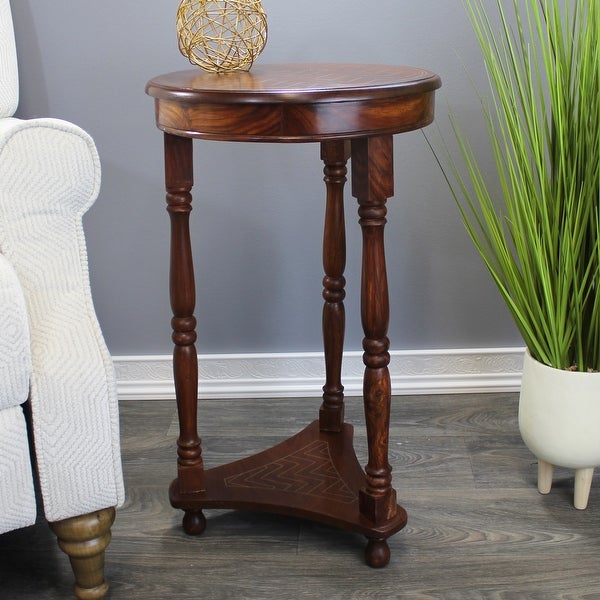 Natural Geo Rosewood Round Accent Table - Chevron Golden Brass Inlay