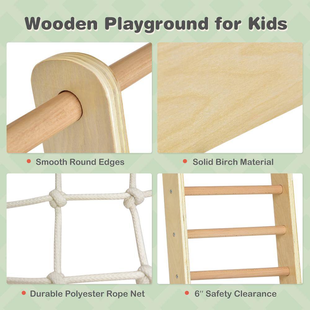 Costway Natural Indoor Playground Climbing Gym Kids Wooden 8-in-1 Climber Playset for Children TY328218NA+