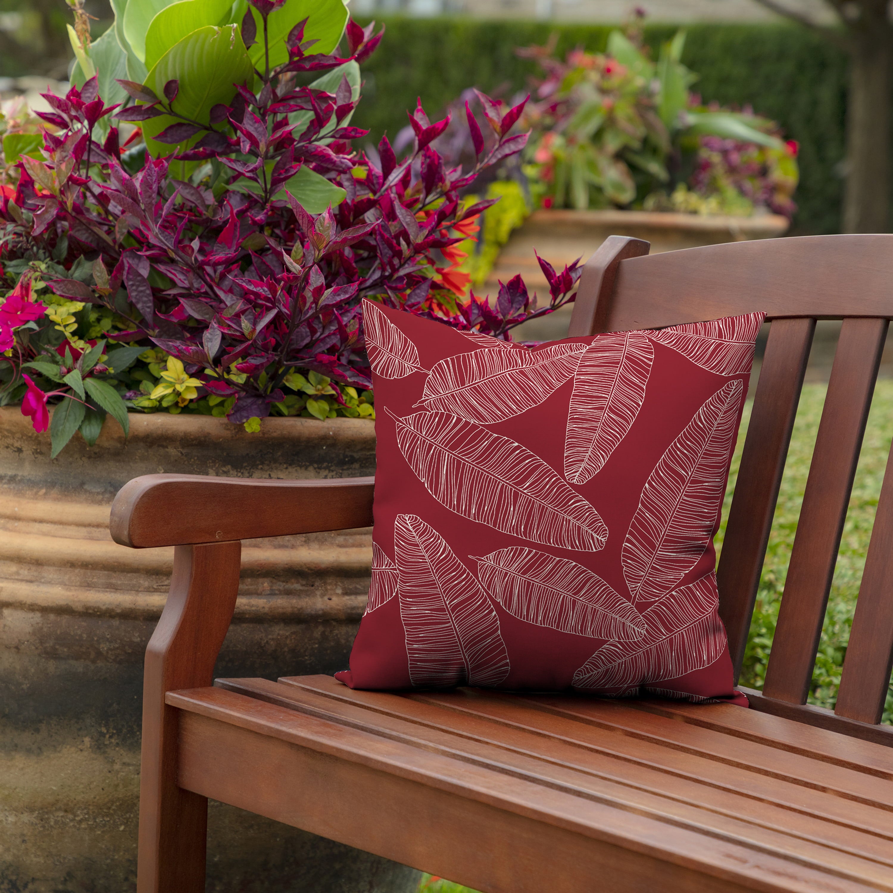 Arden Selections Outdoor Toss Pillow (2 Pack) 16 x 16, Red Leaf Palm