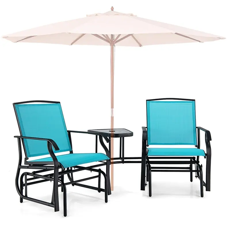 2-Seat Patio Rocking Chair Outdoor Double Glider Chair with Glass Table & Umbrella Hole