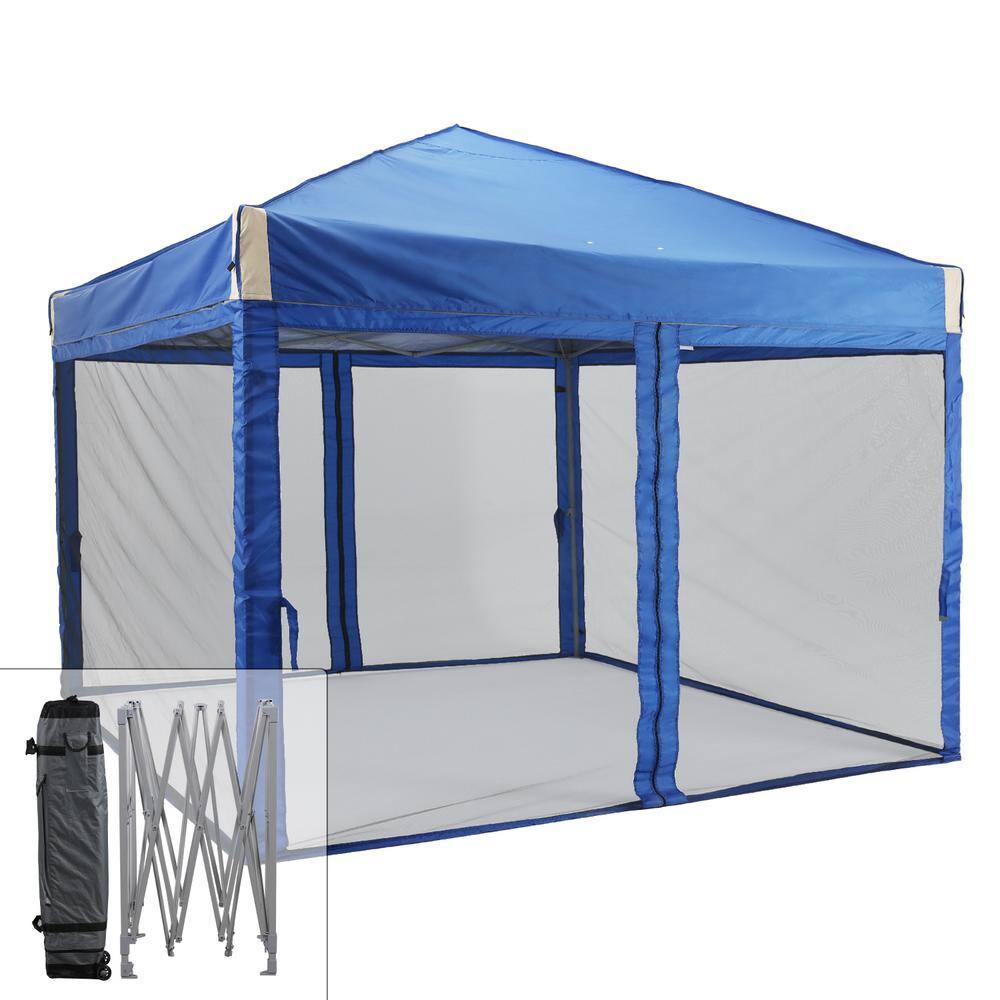 Aoodor 10 ft. x 10 ft. Pop Up Canopy Tent with Removable Mesh Sidewallwith Roller Bag-Blue 800-152-BL-N