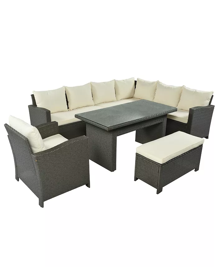 Simplie Fun Patio Furniture Set 6 Piece Outdoor Conversation Set Dining Table Chair with Bench and Cushions