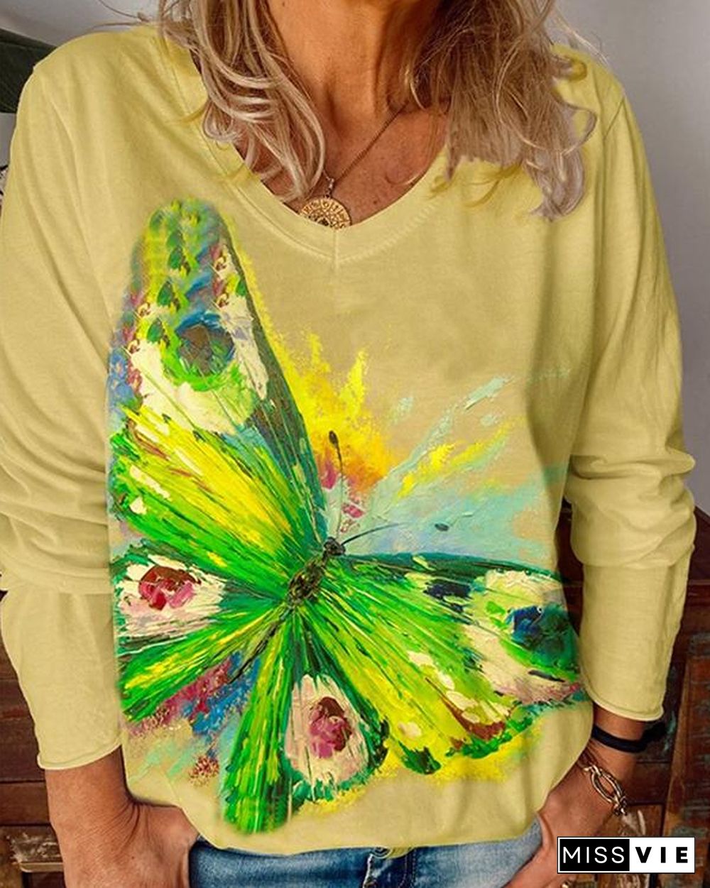 Women's Plus Size Casual Butterfly Flower Blouses Long Sleeve Tops