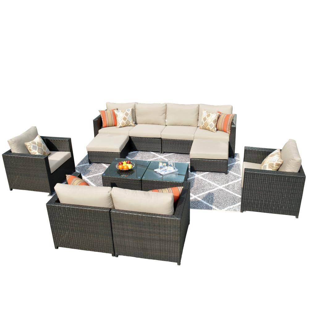 OVIOS King 12-Piece Big Size Wicker Outdoor Patio Conversation Seating Set with Sunbrella Beige Cushions KF204