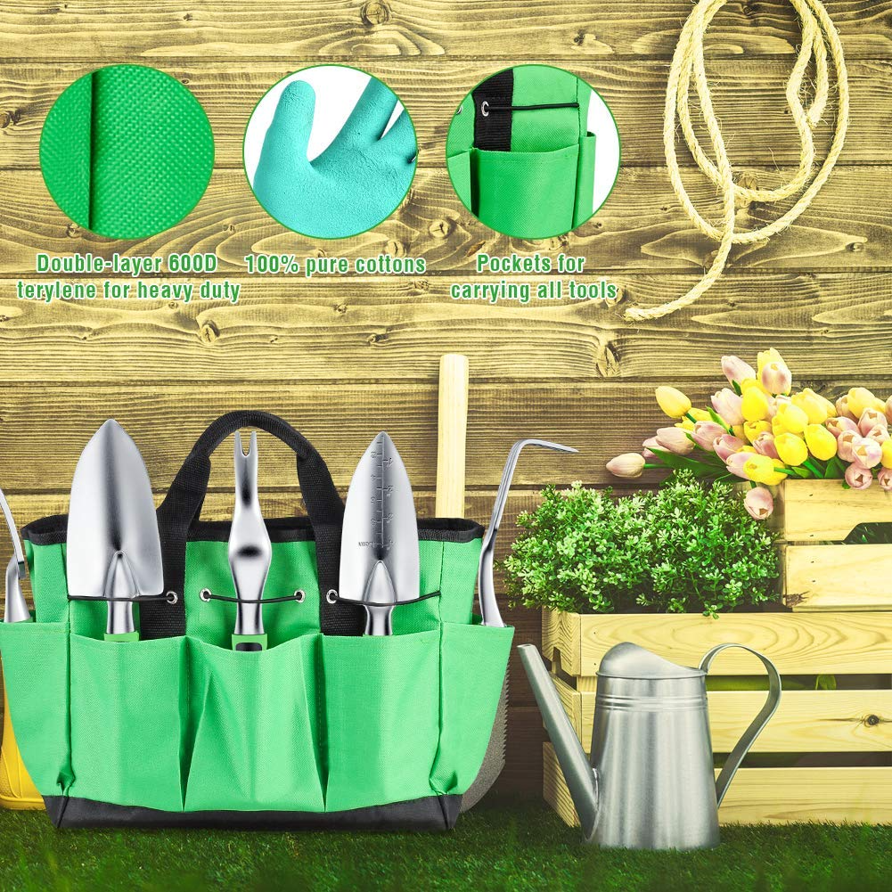 Koovon 7 Pcs Garden Tool Set with Aluminum Head Non-Slip Handle Includes Trowel Transplanting Cultivator Weeding Fork Garden Bag Gloves, Green