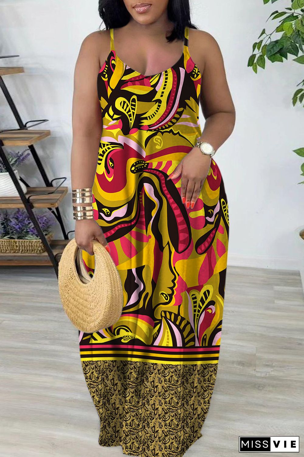 Earth Yellow Sexy Casual Print Backless Spaghetti Strap Long Dress Dresses