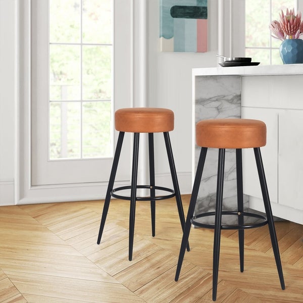 Adeco Set of 2 Bar Stools， Round Counter Height Stools with Footrest