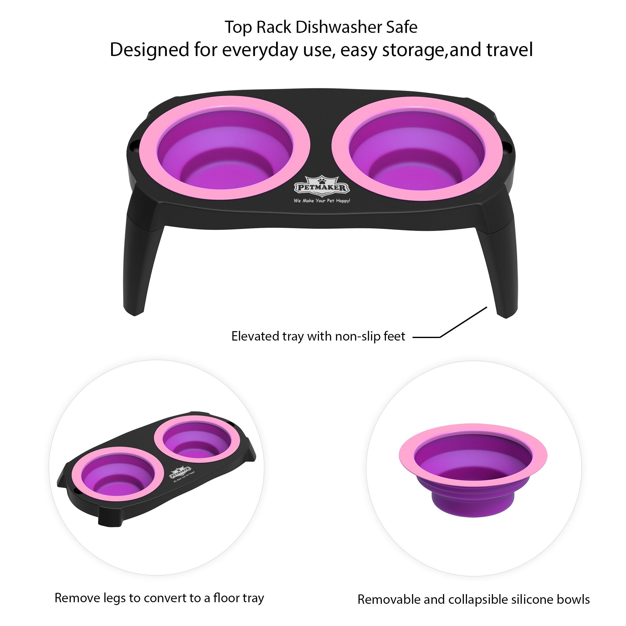 Elevated Pet Bowls with Non Slip Stand for Dogs and Cats-Removeable and Collapsible Silicone Feeder for Food and Water- 16 Oz Each By PETMAKER (Pink)