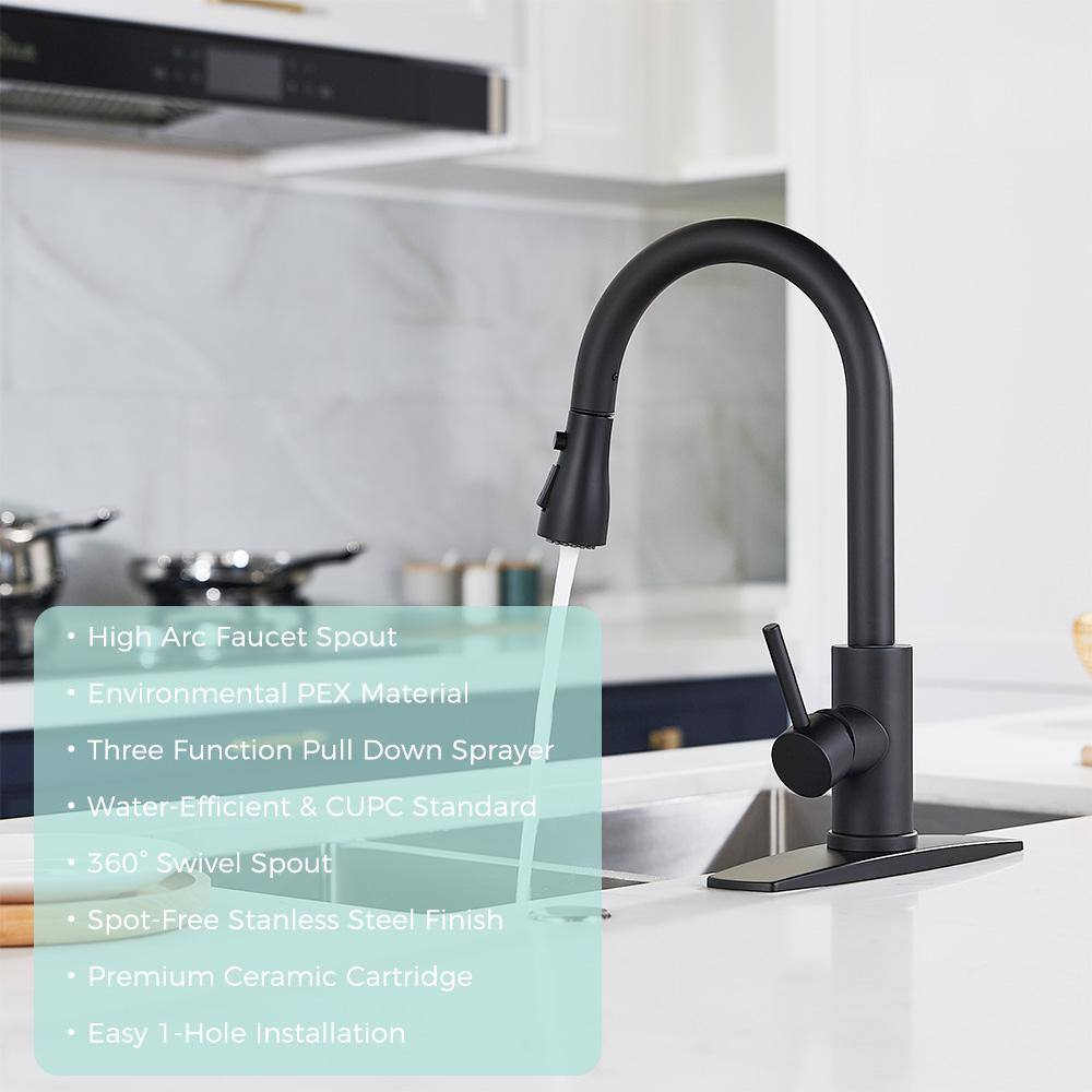 FORIOUS Single-Handle Kitchen Faucet with Pull Down Sprayer High-Arc Kitchen Sink Faucet with Deck Plate in Matte Black HH0023CB