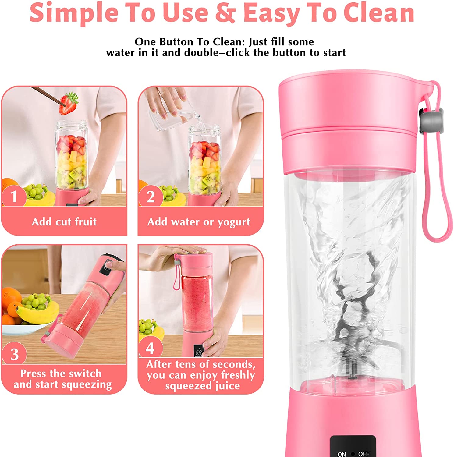 IMMEKEY Portable Blender, Rechargeable USB, 380ml Travel Fruit and Vegetable Juicer with 6 Blades