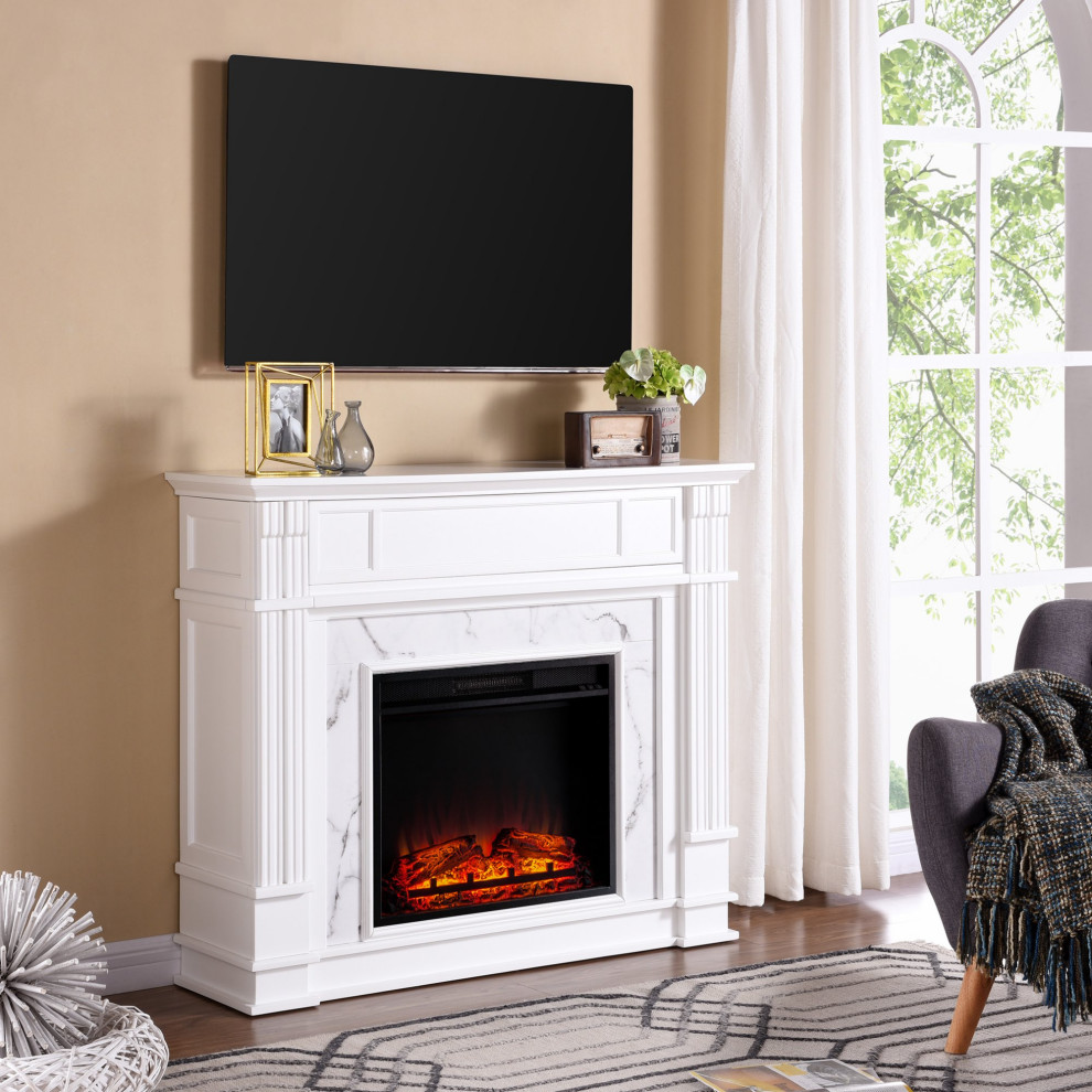 Elegant TV Console  Center Fireplace With Faux Marble Accents and Remote  White   Transitional   Entertainment Centers And Tv Stands   by Declusia  Houzz