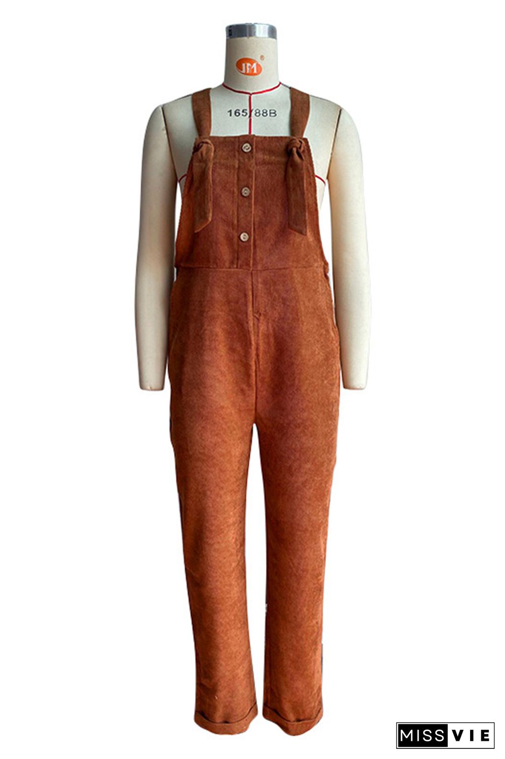 Brown Button Down Tie Strap Corduroy Jumpsuits