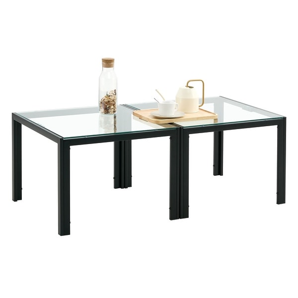 Set of 2 Square Center Table Modern 23.23-inch Coffee Table with Tempered Glass Tabletop End Table with Metal Frame