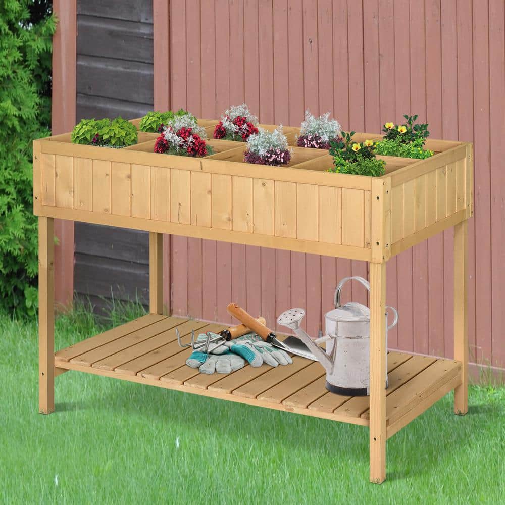 Outsunny Natural Wooden Raised Garden Bed with 8 Slots and Open Shelf 845-238V01