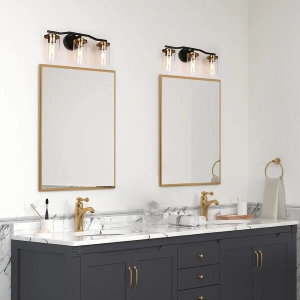 Modern Farmhouse Black Gold 3-Light Bathroom Vanity Lights Cylinder Glass Wall Sconces - 21