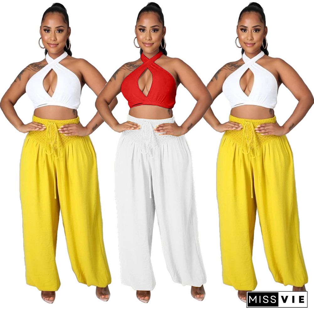 Solid Cross Halter Strapless Crop Top Wide Leg Pants 2 Pieces