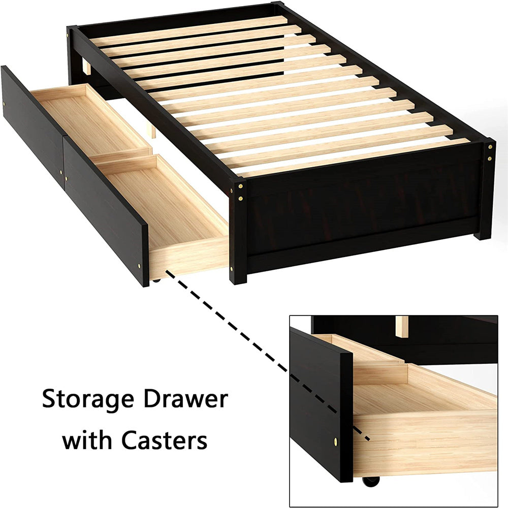 Wood Twin Platform Bed Frame with Drawers for Girls Boys, Kids Twin Size Bed Frame with Storage, Wood Slat Support, No Box Spring Needed, Espresso, LLL4665