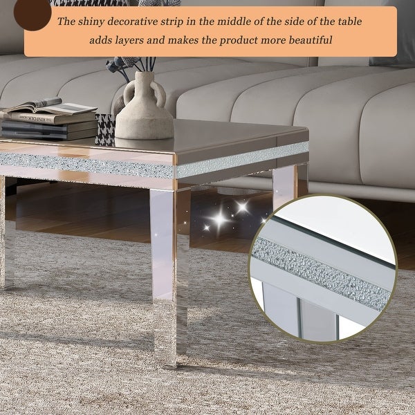 Modern Glass Mirrored Coffee Table， Easy Assembly Cocktail Table with Crystal Design and Adjustable Height Legs， Silver