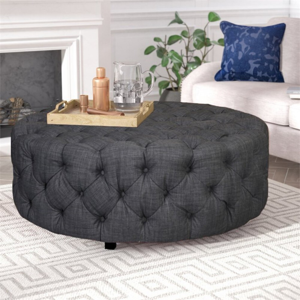 American Home Classic Jasper 16 quotSmall Round Traditional Fabric Ottoman in Gray   Transitional   Footstools And Ottomans   by Homesquare  Houzz