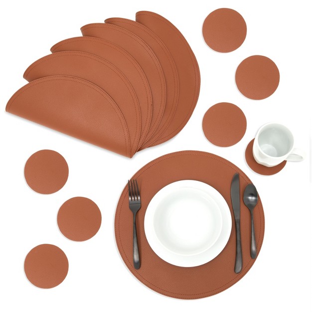 Juvale Set Of 6 Faux Leather Circle Placemats And 6 Round Coasters For Dining Room Table Brown