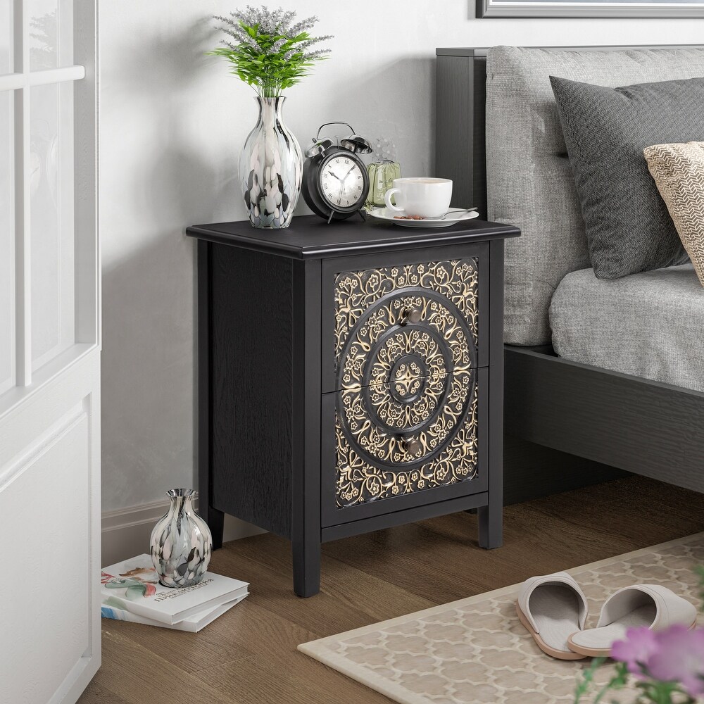 COZAYH Farmhouse Fully Assembled Nightstand with 2 Drawer  Flower Motif End Table for Small Spaces  French Country