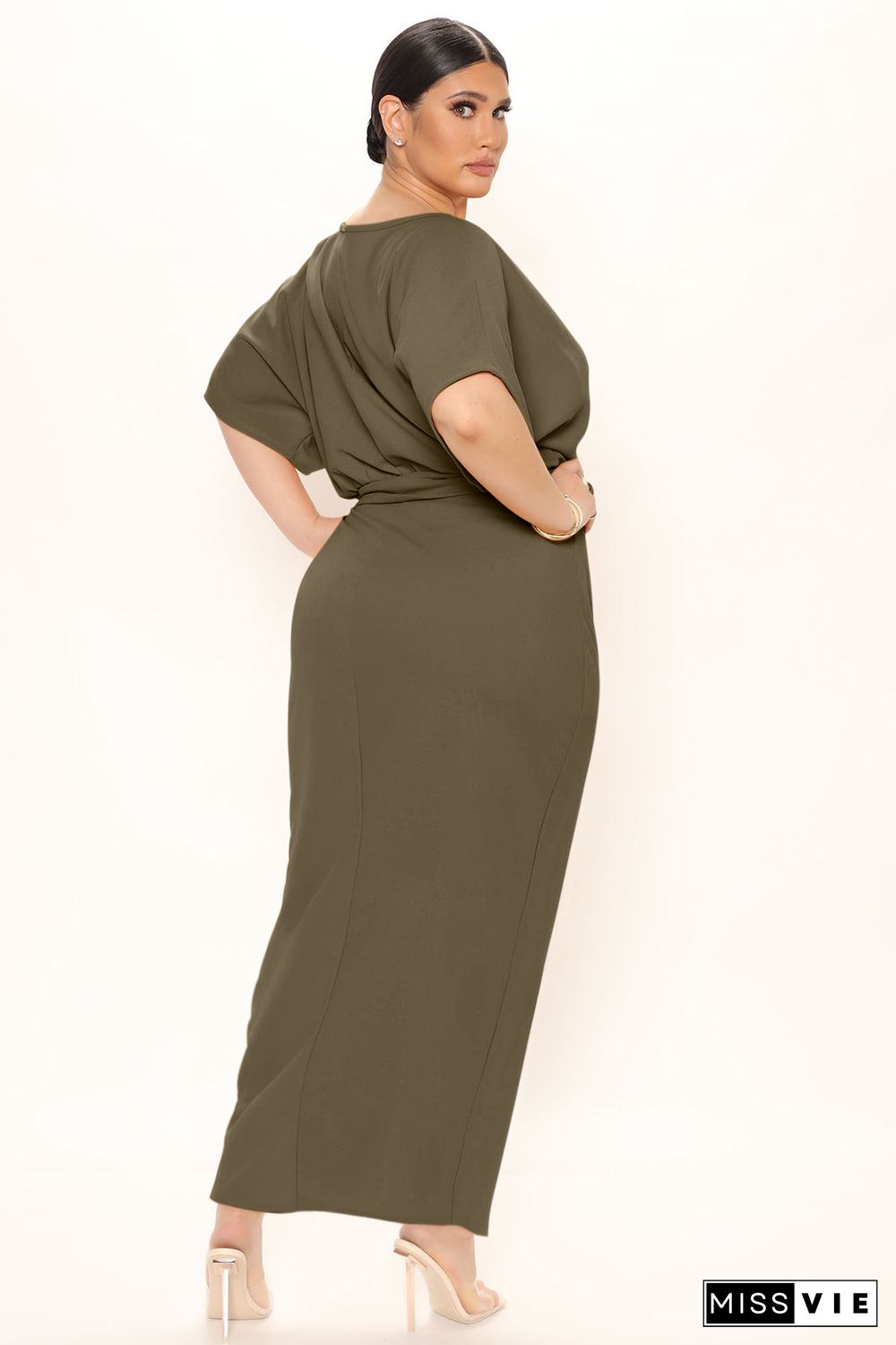 Green Belted High Waist Side Slit Plus Size Maxi Dress