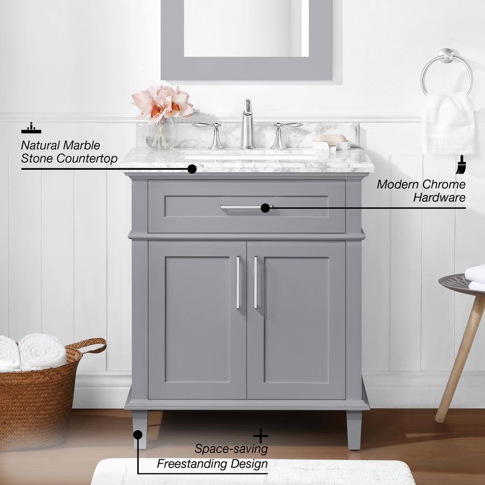 Home Decorators Collection Sonoma 30 in. W x 22 in. D x 34 in. H Bath Vanity in Pebble Gray with White Carrara Marble Top Sonoma 30PG