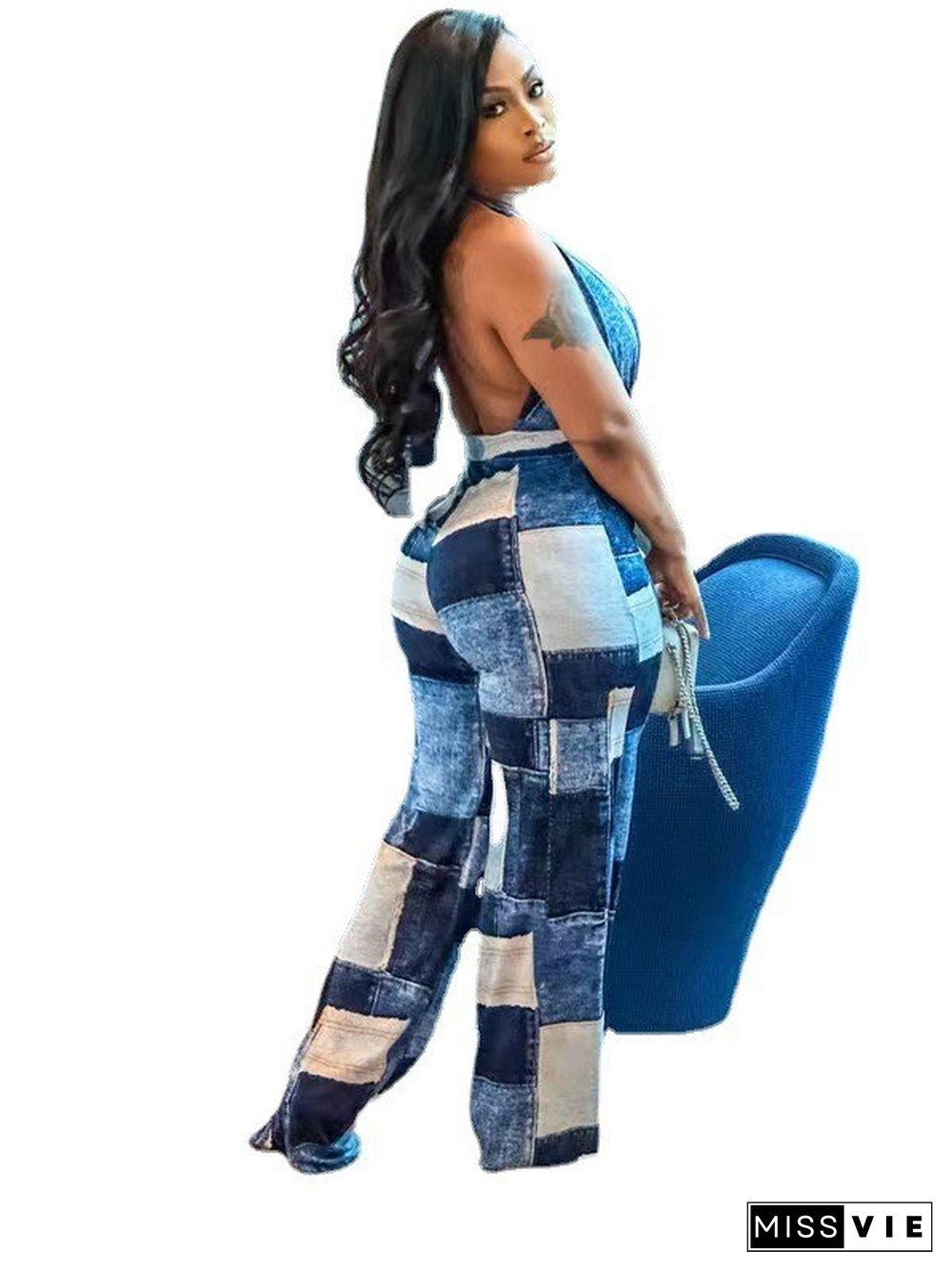 Plaid Patchwork Print Deep V Backless Wide leg Jumpsuit