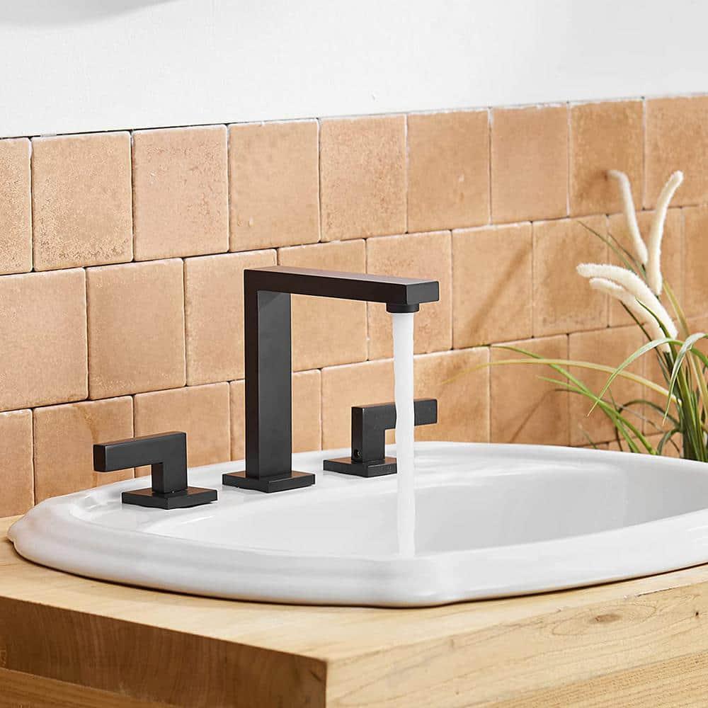 BWE 8 in Widespread Double Handle Bathroom Faucet With Popup Drain Assembly in Matte Black