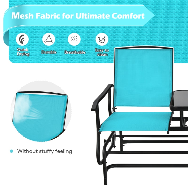 Outdoor 2-Person Rocking Loveseat Patio Bench Glider Chair with Center Tempered Glass Table