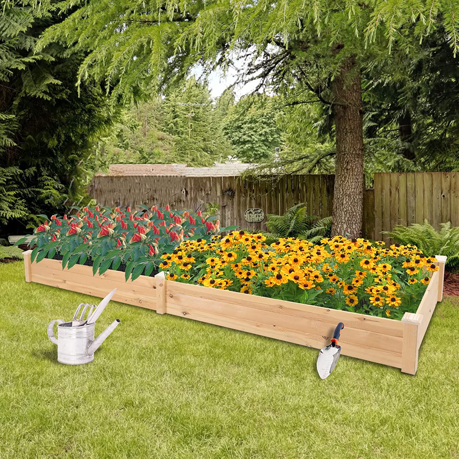 SOLAURA 96x24x10in Outdoor Wooden Raised Garden Bed Planter for Vegetables, Grass, Lawn, Yard - Natural