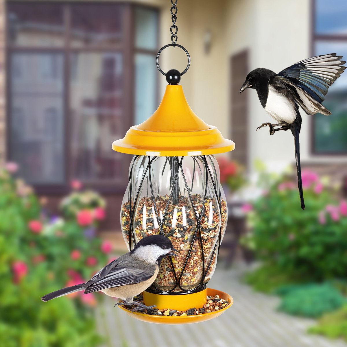 Exhart Tangerine Metal Wire and Glass Bird Feeder， Orange