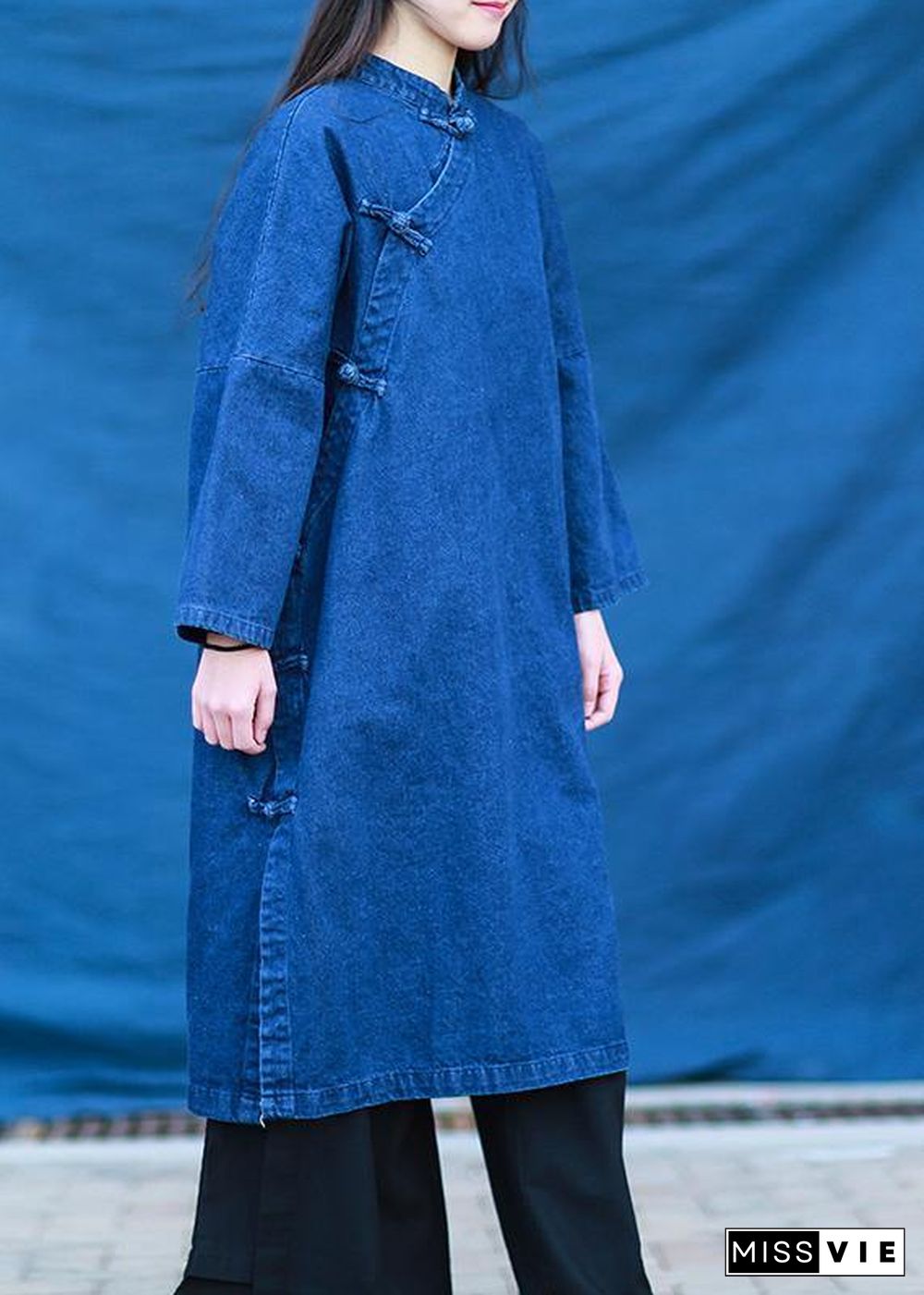 DIY denim dark blue quilting dresses stand collar baggy Dresses